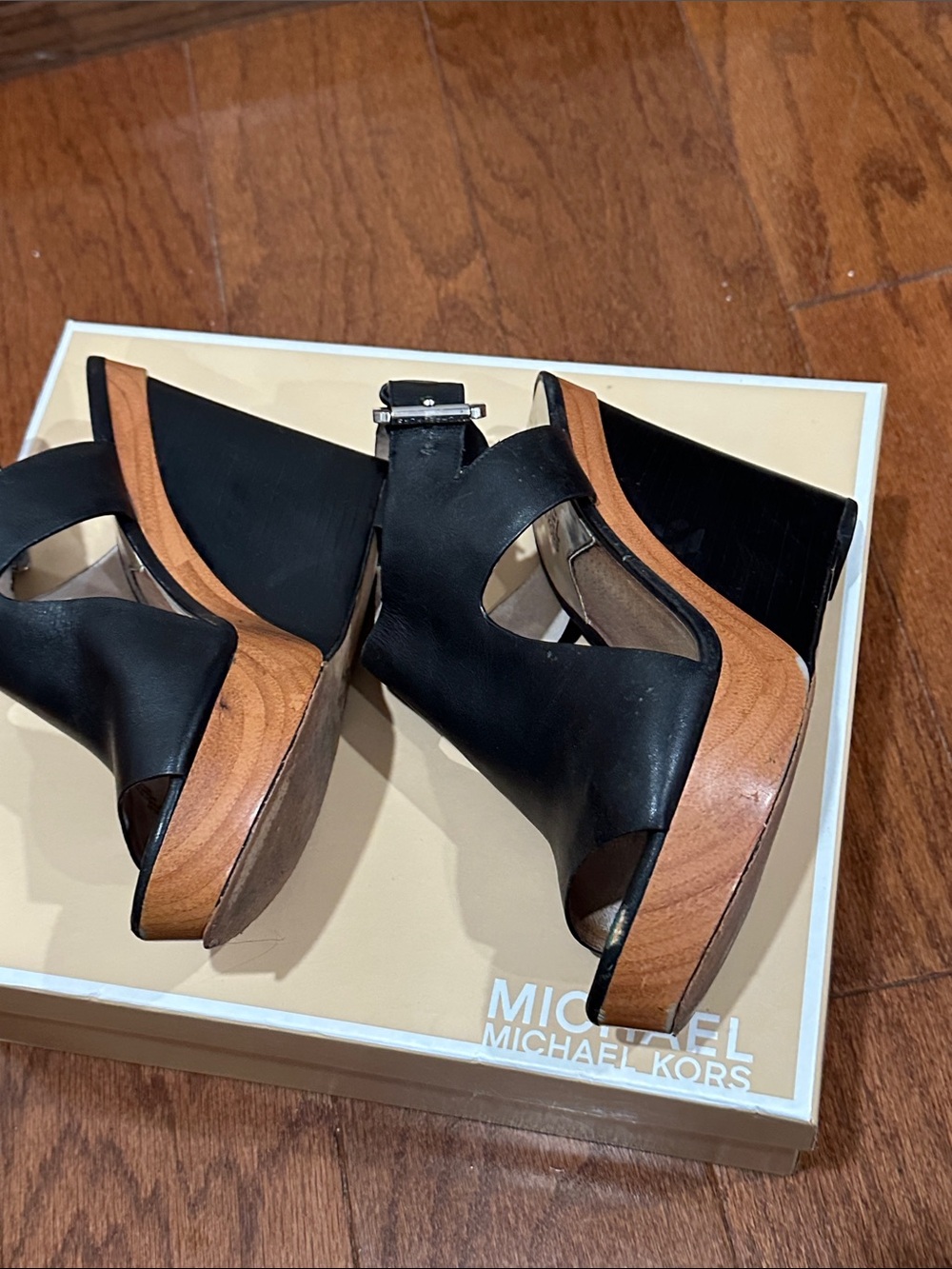 Michael Kors Josephine Black Leather Open-Toe Wedge Sandal with Brown Platform - Picture 6 of 10